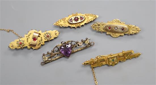 Five assorted early 20th century 9ct and gem set bar brooches.